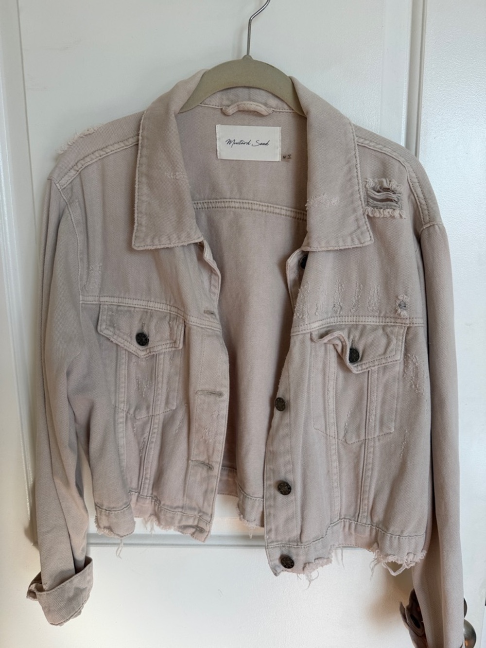 Mustard Seed Distressed Cropped Denim Jacket - Pale Taupe